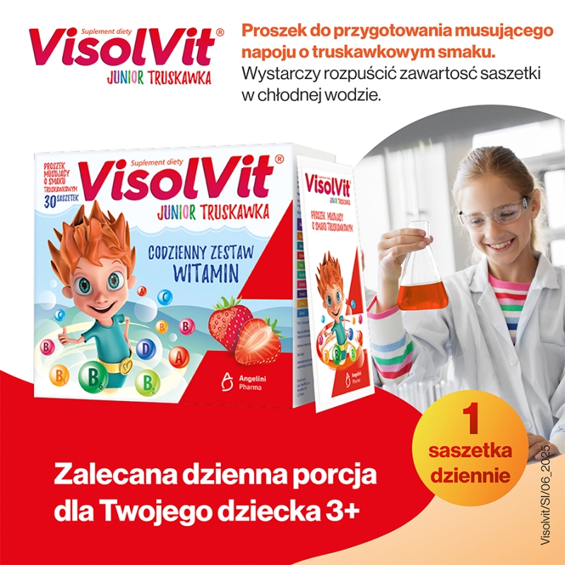 VisolVit Junior Truskawka, granulat z zestawem witamin dla dzieci o truskawkowym smaku, 30 sasz.