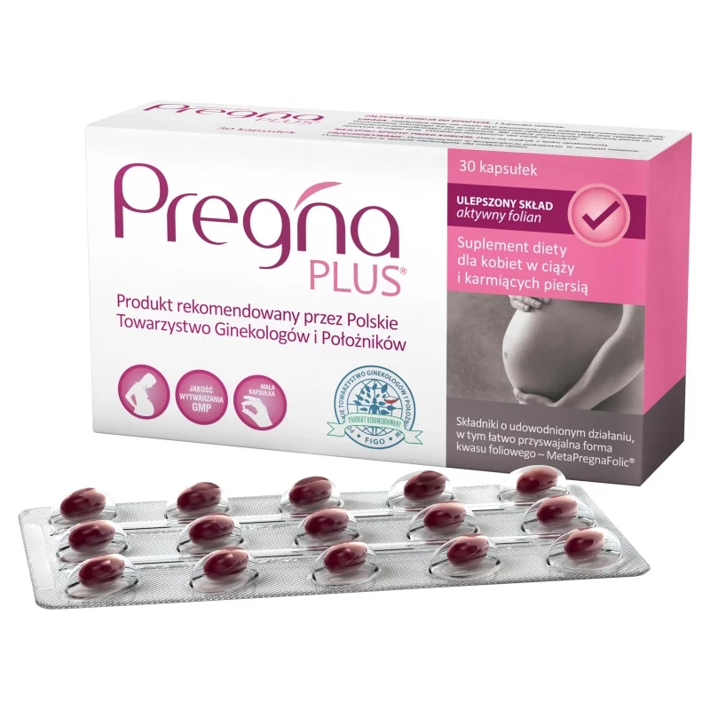 Pregna Plus, kapsułki uzupełniające dietę w witaminy minerały i kwasy omega-3, dla kobiet w ciąży i karmiących piersią, 30 szt.