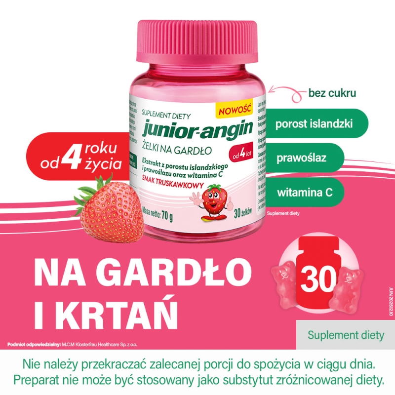 Junior-Angin Gardło, 30 żelków, smak truskawkowy