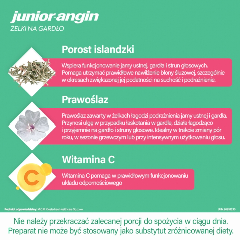 Junior-Angin Gardło, 30 żelków, smak truskawkowy