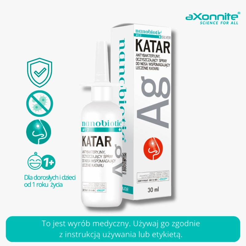 Nanobiotic Med. Silver Katar, spray zapewnia ochronę antybakteryjną nosa i zatok oraz wspomaga leczenie kataru, 30 ml