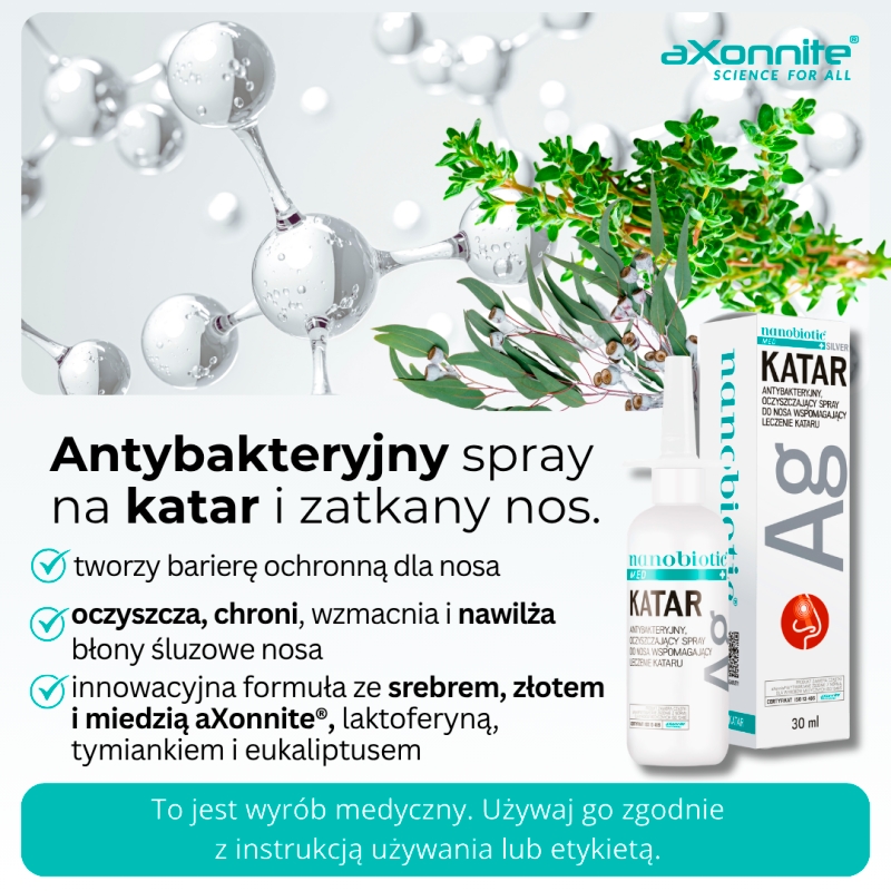 Nanobiotic Med. Silver Katar, spray zapewnia ochronę antybakteryjną nosa i zatok oraz wspomaga leczenie kataru, 30 ml