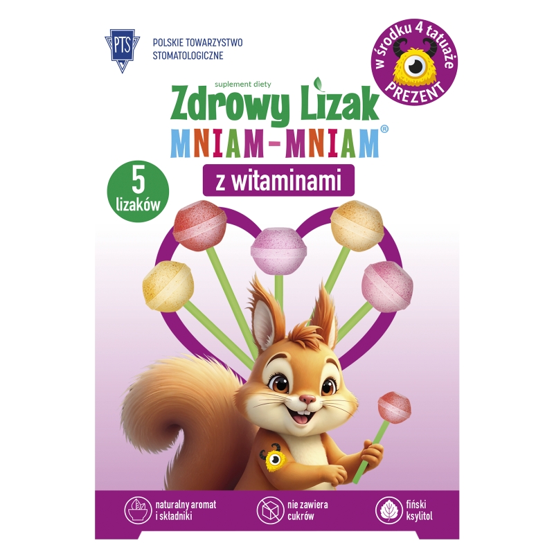 Zdrowy Lizak Mniam-Mniam, wzbogacony o 12 witamin i 3 minerały o różnych smakach,  4+1 szt.