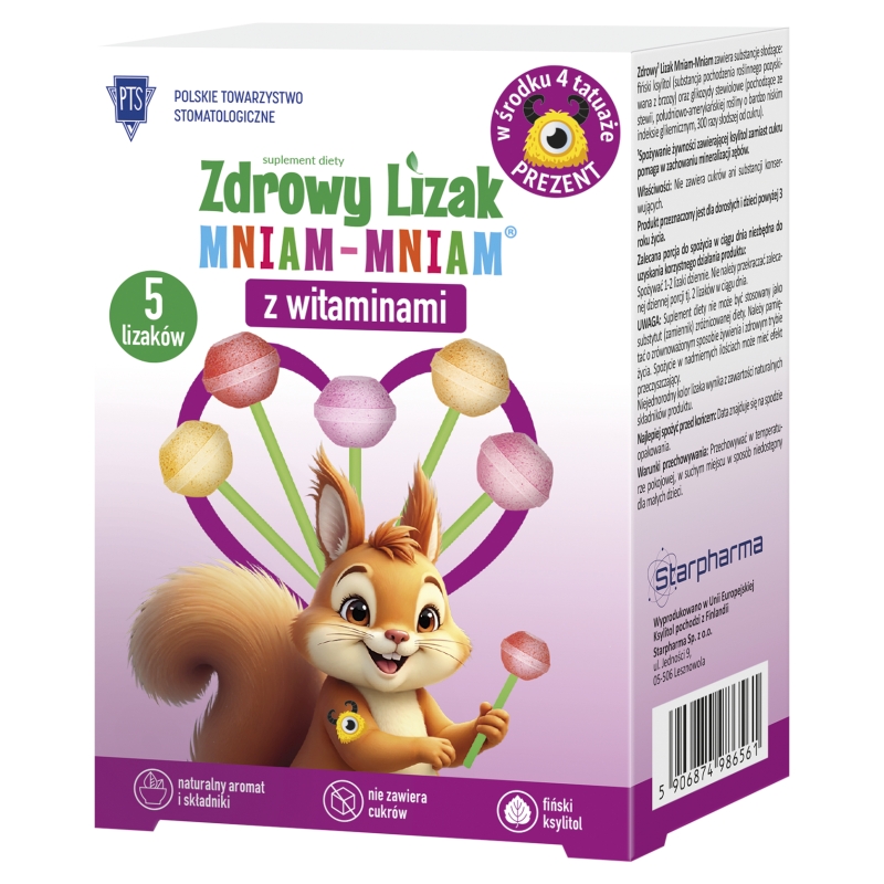 Zdrowy Lizak Mniam-Mniam, wzbogacony o 12 witamin i 3 minerały o różnych smakach,  4+1 szt.