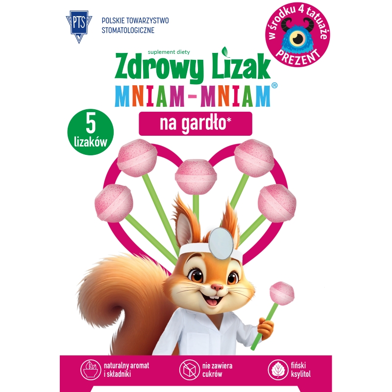 Zdrowy Lizak Mniam-Mniam Na Gardło zawiera wyciąg z szałwii, tymianku, aceroli, cynk, rutynę, witaminę C i D o smaku malinowy, 4+1 szt.