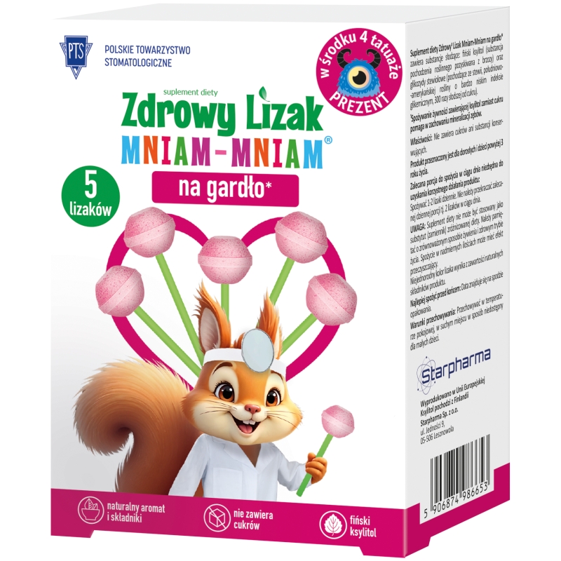 Zdrowy Lizak Mniam-Mniam Na Gardło, zawiera wyciąg z szałwii, tymianku, aceroli, cynk, rutynę, witaminę C i D o smaku malinowy, 4+1 szt.