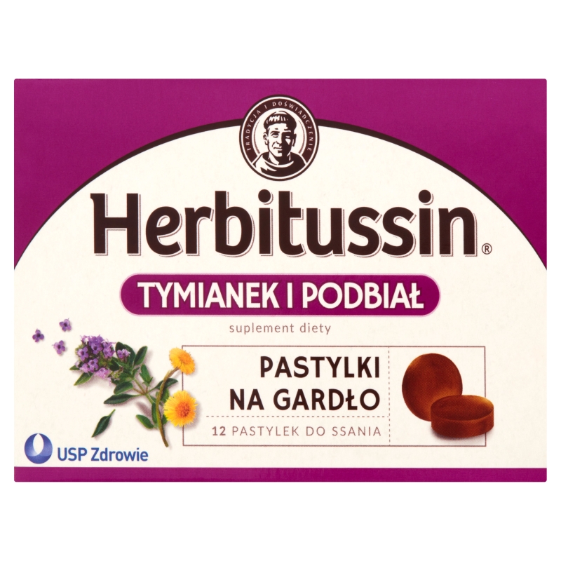 Herbitussin Tymianek i Podbiał pastylki do ssania na ból gardła, 12 szt.