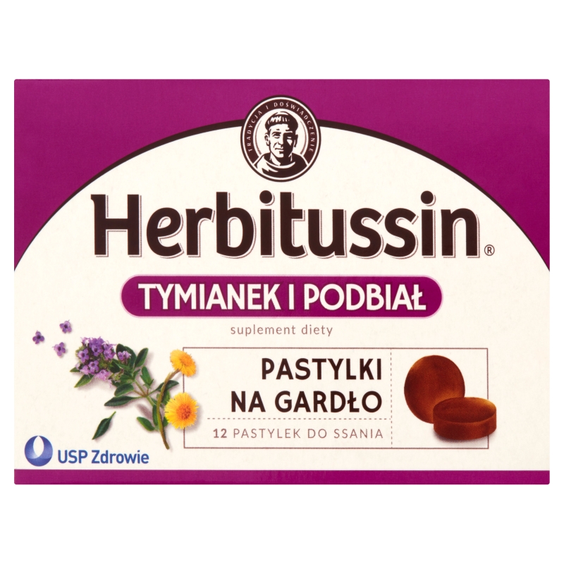 Herbitussin Tymianek i Podbiał, pastylki do ssania na ból gardła, 12 szt.