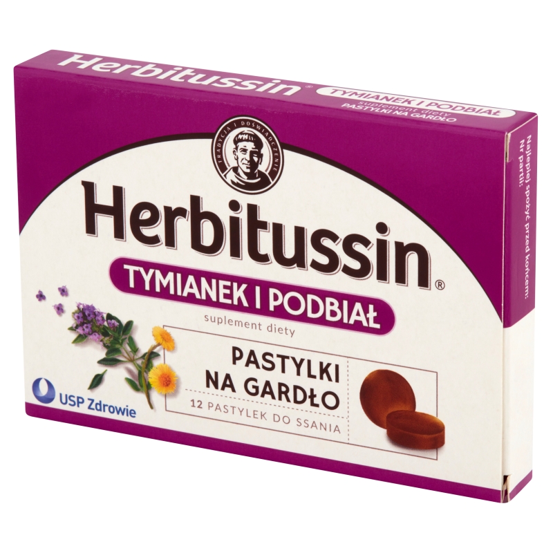 Herbitussin Tymianek i Podbiał, pastylki do ssania na ból gardła, 12 szt.