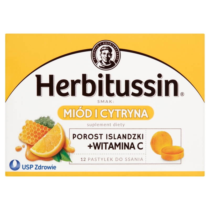 Herbitussin, pastylki do ssania na ból gardła o smaku miodu i cytryny, 12 szt.