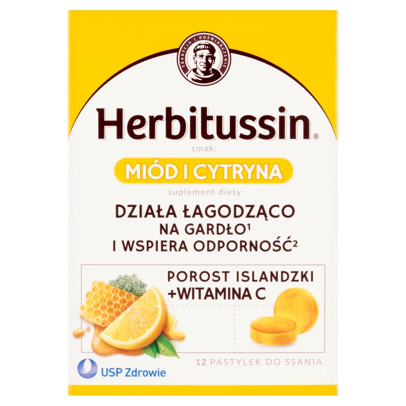 Herbitussin pastylki do ssania na ból gardła o smaku miodu i cytryny, 12 szt. 