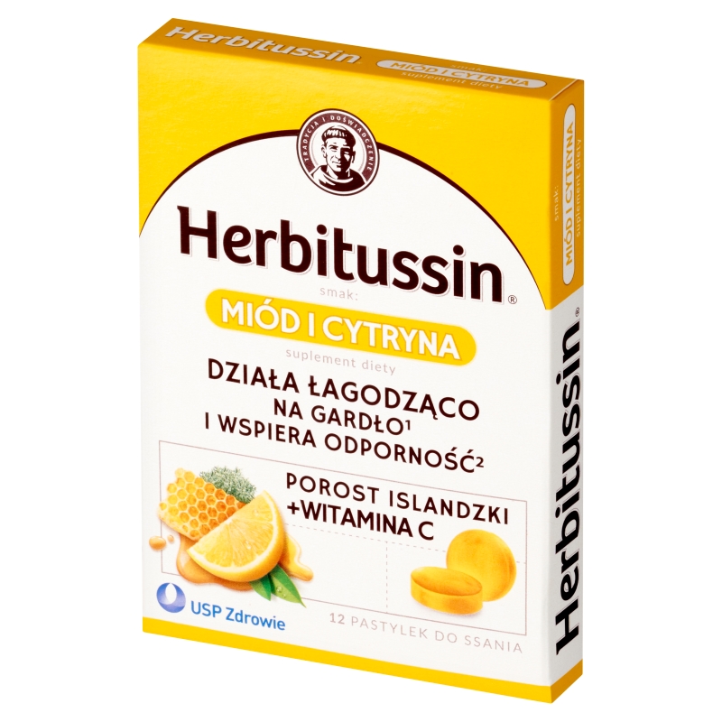 Herbitussin, pastylki do ssania na ból gardła o smaku miodu i cytryny, 12 szt.