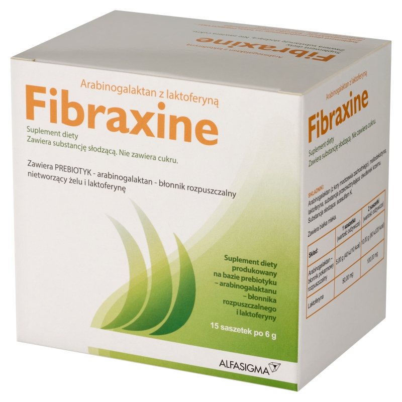 Fibraxine, proszek ze składnikami uzupełnieniającymi dietę w błonnik i laktoferynę, 15 sasz. x 6 g