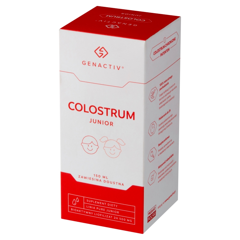 Colostrum Junior Genactiv, zawiesina bogata w składniki wspierające zdrowie organizmu dla dzieci, 150 ml