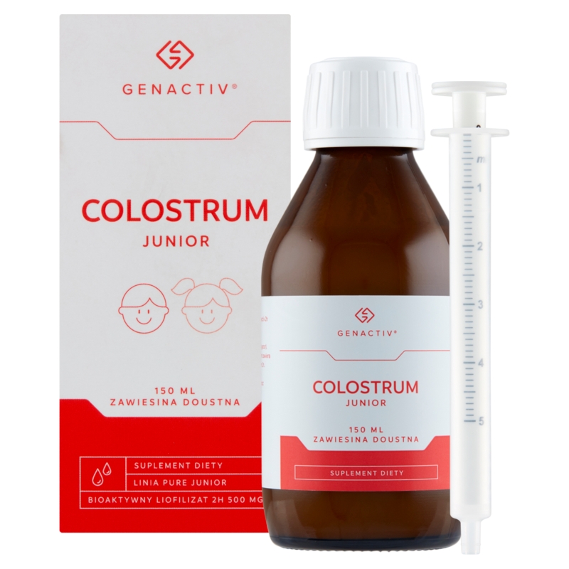 Colostrum Junior Genactiv, zawiesina bogata w składniki wspierające zdrowie organizmu dla dzieci, 150 ml