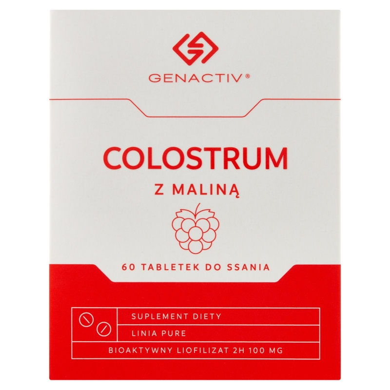 Colostrum z malina Genactiv, tabletki bogate w składniki wspierające zdrowie organizmu o smaku malinowym, 60 szt.