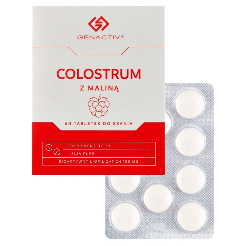 Colostrum z malina Genactiv, tabletki bogate w składniki wspierające zdrowie organizmu o smaku malinowym, 60 szt.