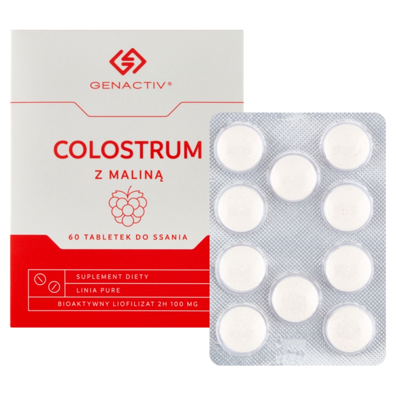 Colostrum z malina Genactiv, tabletki bogate w składniki wspierające zdrowie organizmu o smaku malinowym, 60 szt.