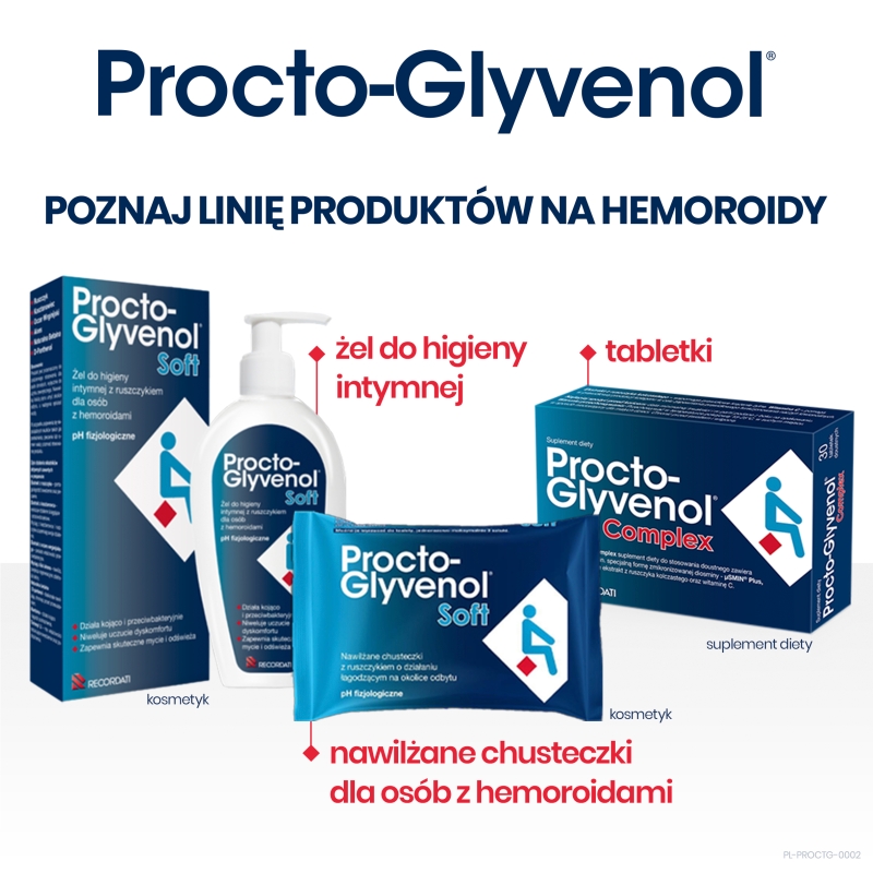 Chusteczki nawilżające Procto-Glyvenol Soft , z ruszczykiem dla osób z hemoroidami, 30 szt.