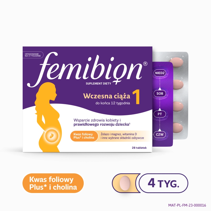 Femibion 1 Wczesna ciąża, tabletki uzupełniające dietę u kobiet od 1. tygodnia ciąży, 28 szt.