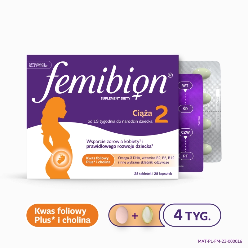 Femibion 2 Ciąża, uzupełnienie diety u kobiet od 13. tygodnia ciąży, 28 tabletek + 28 kapsułek