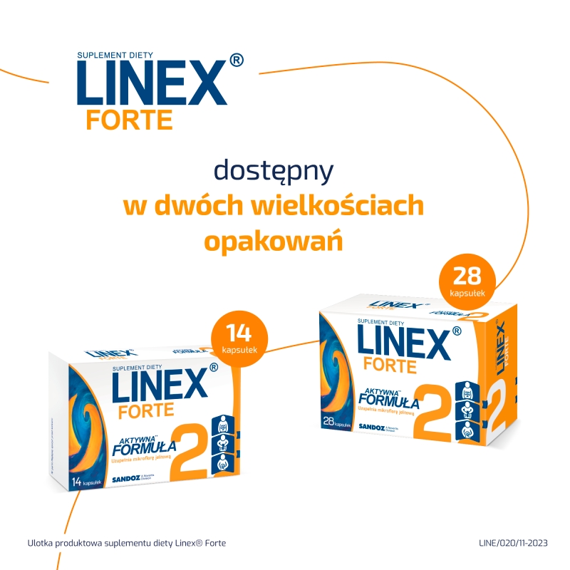 Linex Forte, kapsułki ze składnikami uzupełniającymi florę bakteryjną jelit, 14 szt.