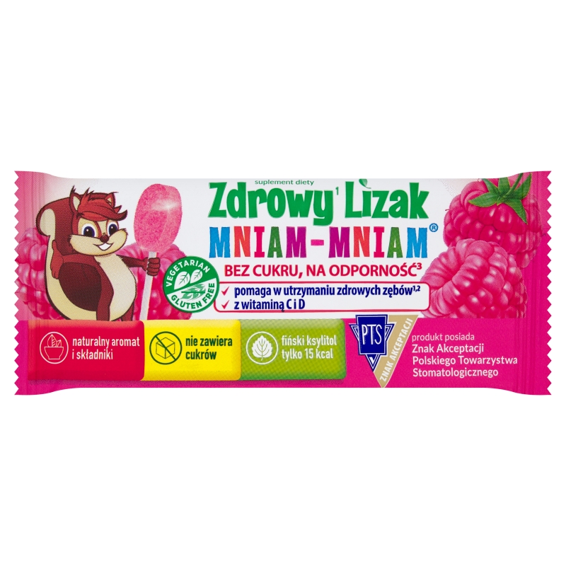 Zdrowy Lizak Mniam-Mniam, wzbogacony o witaminę C i D o smaku malinowym, 1 szt.
