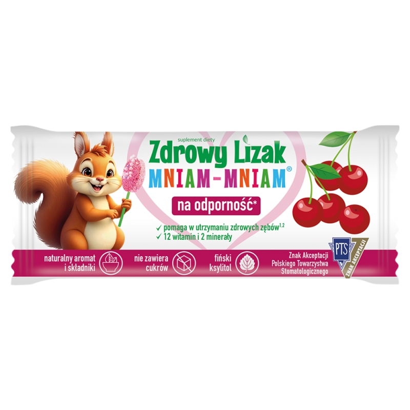 Zdrowy Lizak Mniam-Mniam zawiera 12 witamin i 2 minerały o smaku musującej wiśni, 1 szt.