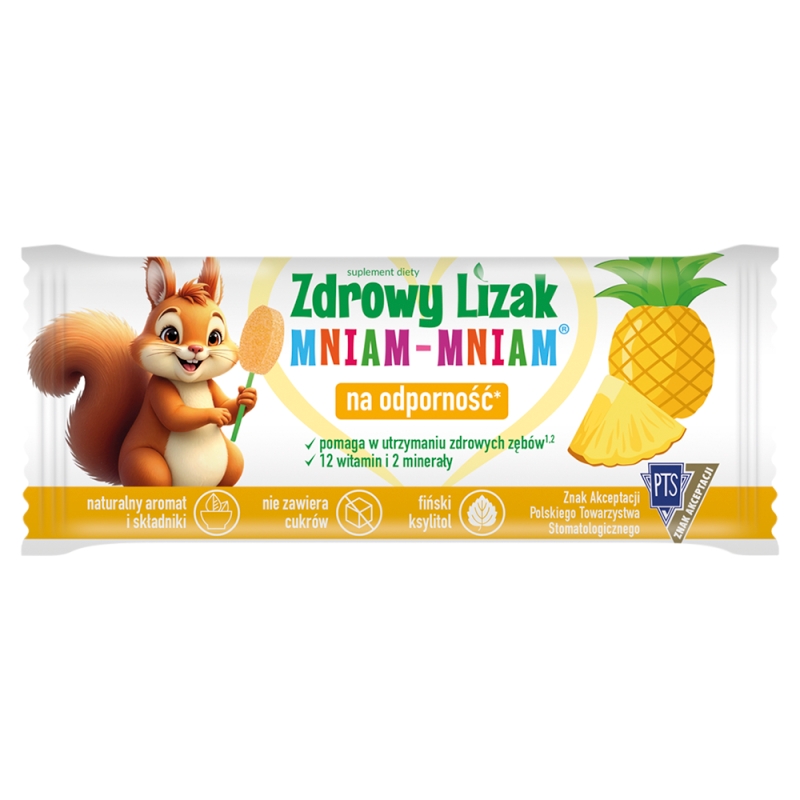 Zdrowy Lizak Mniam-Mniam zawiera 12 witamin i 2 minerały dla dzieci, o smaku ananasowym, 1 szt.