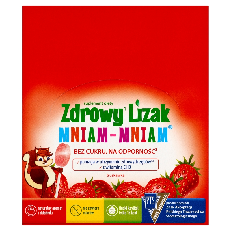 Zdrowy Lizak Mniam-Mniam, wzbogacony o witaminy D i C o smaku truskawkowym, 40 szt.