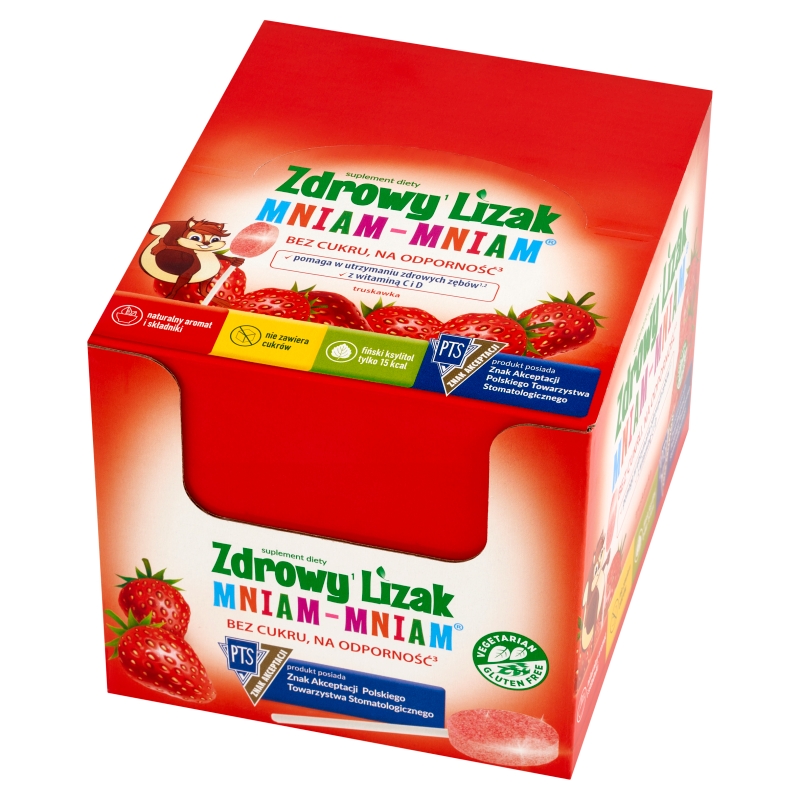 Zdrowy Lizak Mniam-Mniam, wzbogacony o witaminy D i C o smaku truskawkowym, 40 szt.