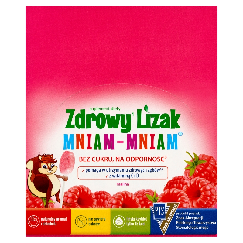 Zdrowy Lizak Mniam-Mniam wzbogacony o witaminę C i D o smaku malinowym, 40 szt.