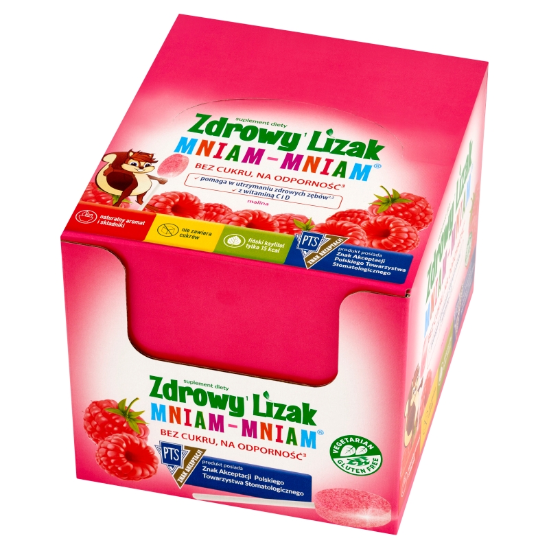 Zdrowy Lizak Mniam-Mniam, wzbogacony o witaminę C i D o smaku malinowym, 40 szt.