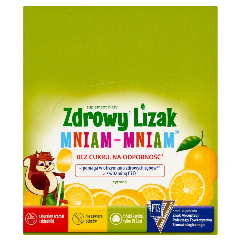 Zdrowy Lizak Mniam-Mniam, wzbogacony o witaminy C i D o smaku cytrynowym, 40 szt.