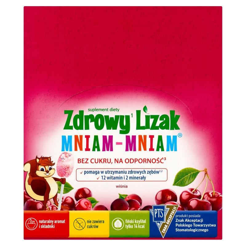 Zdrowy Lizak Mniam-Mniam, zawiera 12 witamin i 2 minerały o smaku musującej wiśni, 40 szt.