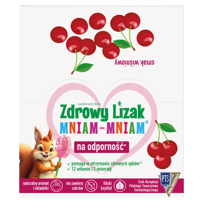 Zdrowy Lizak Mniam-Mniam zawiera 12 witamin i 2 minerały o smaku musującej wiśni, 40 szt.