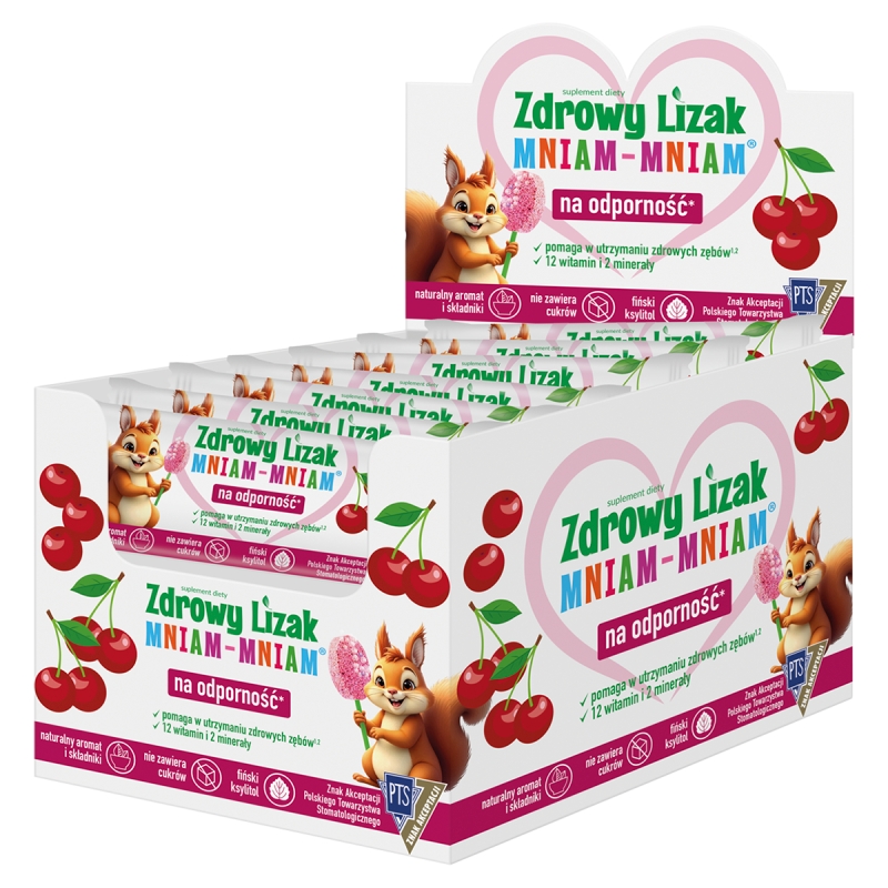 Zdrowy Lizak Mniam-Mniam, zawiera 12 witamin i 2 minerały o smaku musującej wiśni, 40 szt.