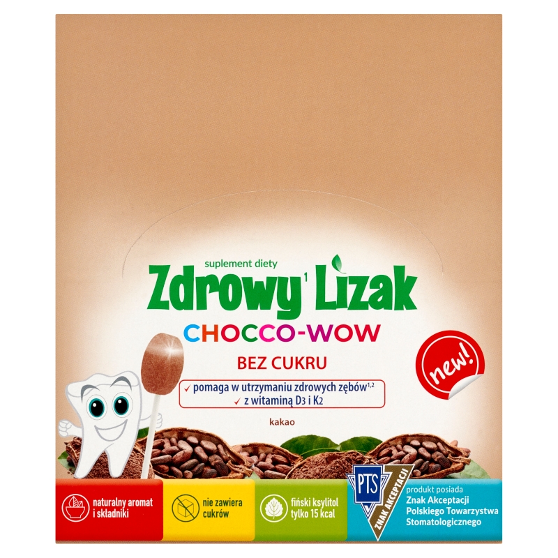 Zdrowy Lizak Mniam-Mniam Chocco-Wow wzbogacony o witaminę D3 i K2 o smaku kakaowym, 40 szt.