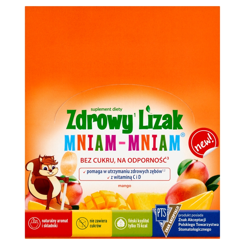 Zdrowy Lizak Mniam-Mniam zawiera 12 witamin i 2 minerały o smaku mango, 40 szt.