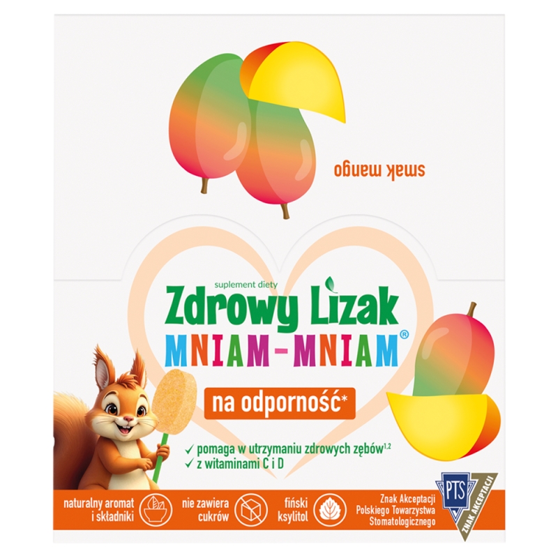Zdrowy Lizak Mniam-Mniam zawiera 12 witamin i 2 minerały o smaku mango, 40 szt.