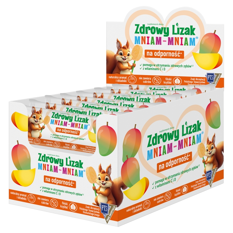 Zdrowy Lizak Mniam-Mniam, zawiera 12 witamin i 2 minerały o smaku mango, 40 szt.