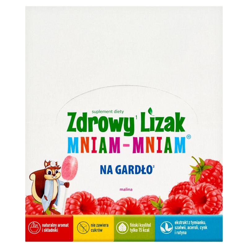Zdrowy Lizak Mniam-Mniam Na Gardło  zawiera wyciąg z tymianku, szałwii, aceroli, witaminę C i D oraz cynk i rutynę o smaku malinowym, 40 szt.
