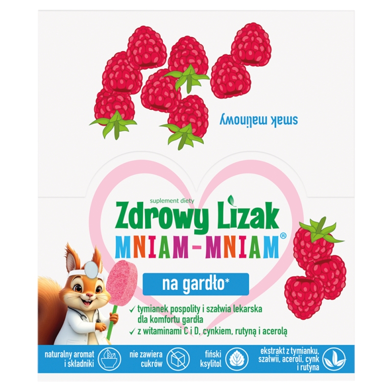 Zdrowy Lizak Mniam-Mniam Na Gardło zawiera wyciąg z tymianku, szałwii, aceroli, witaminę C i D oraz cynk i rutynę o smaku malinowym, 40 szt.
