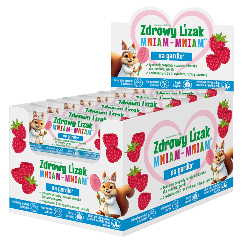 Zdrowy Lizak Mniam-Mniam Na Gardło, zawiera wyciąg z tymianku, szałwii, aceroli, witaminę C i D oraz cynk i rutynę o smaku malinowym, 40 szt.