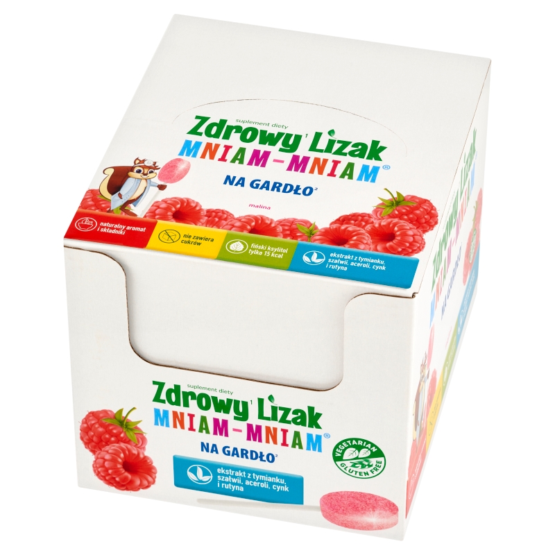 Zdrowy Lizak Mniam-Mniam Na Gardło , zawiera wyciąg z tymianku, szałwii, aceroli, witaminę C i D oraz cynk i rutynę o smaku malinowym, 40 szt.