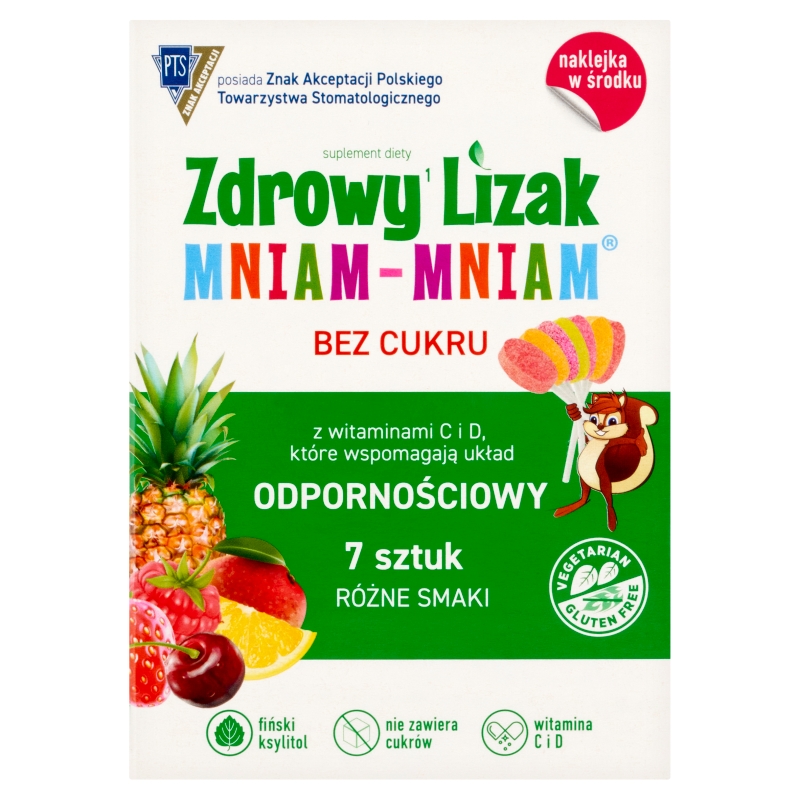 Zdrowy Lizak Mniam-Mniam wzbogacony o witaminę C i D o różnych smakach, 7 sztuk