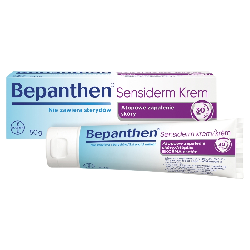 Bepanthen Sensiderm, krem łagodzący zaczerwienienie i swędzenie przy atopowym zapaleniu skóry i egzemie, tuba 50 g