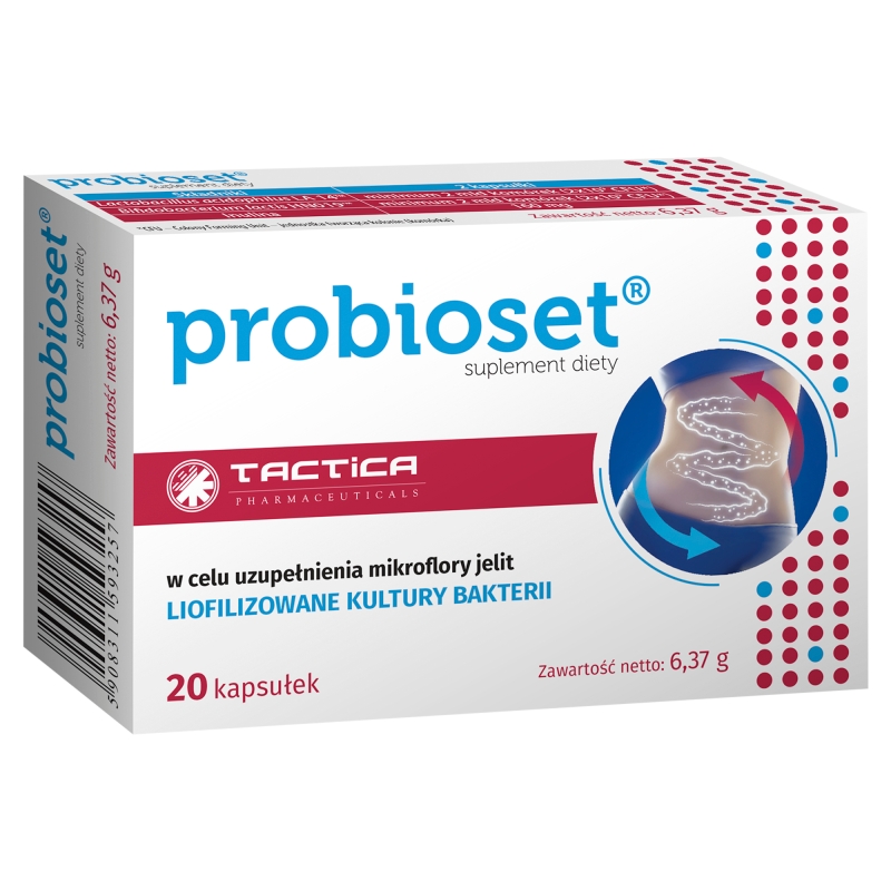 Probioset, kapsułki ze składnikami uzupełniającymi mikroflorę jelit, 20 szt.