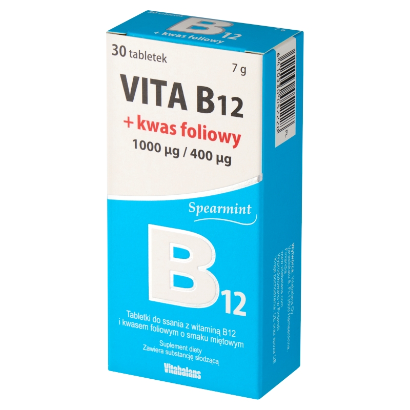 Vita B12 1000 mcg + Kwas foliowy 400 mcg, 30 tabletek do ssania, miętowe