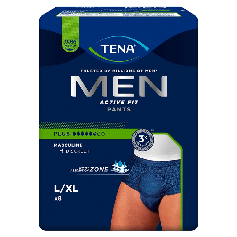 TENA MEN Active Fit Pants , majtki chłonne Plus Blue L/XL, 8 szt.